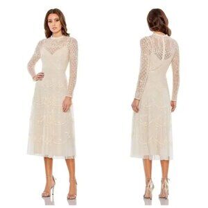 Mac‎ Duggal 9142 Nude Sequined Illusion High Neck Long Sleeve Midi Dress NEW 12
